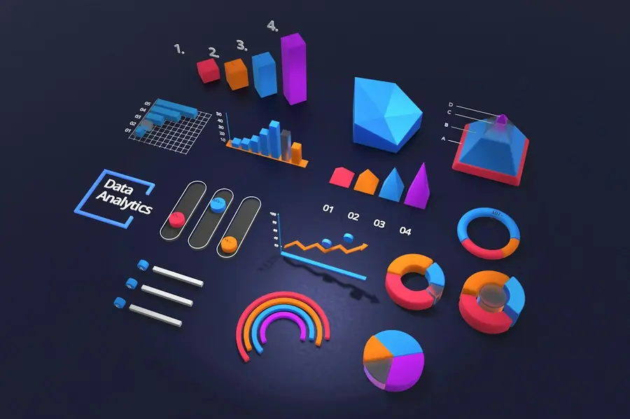 Colourful 3D data analytics charts